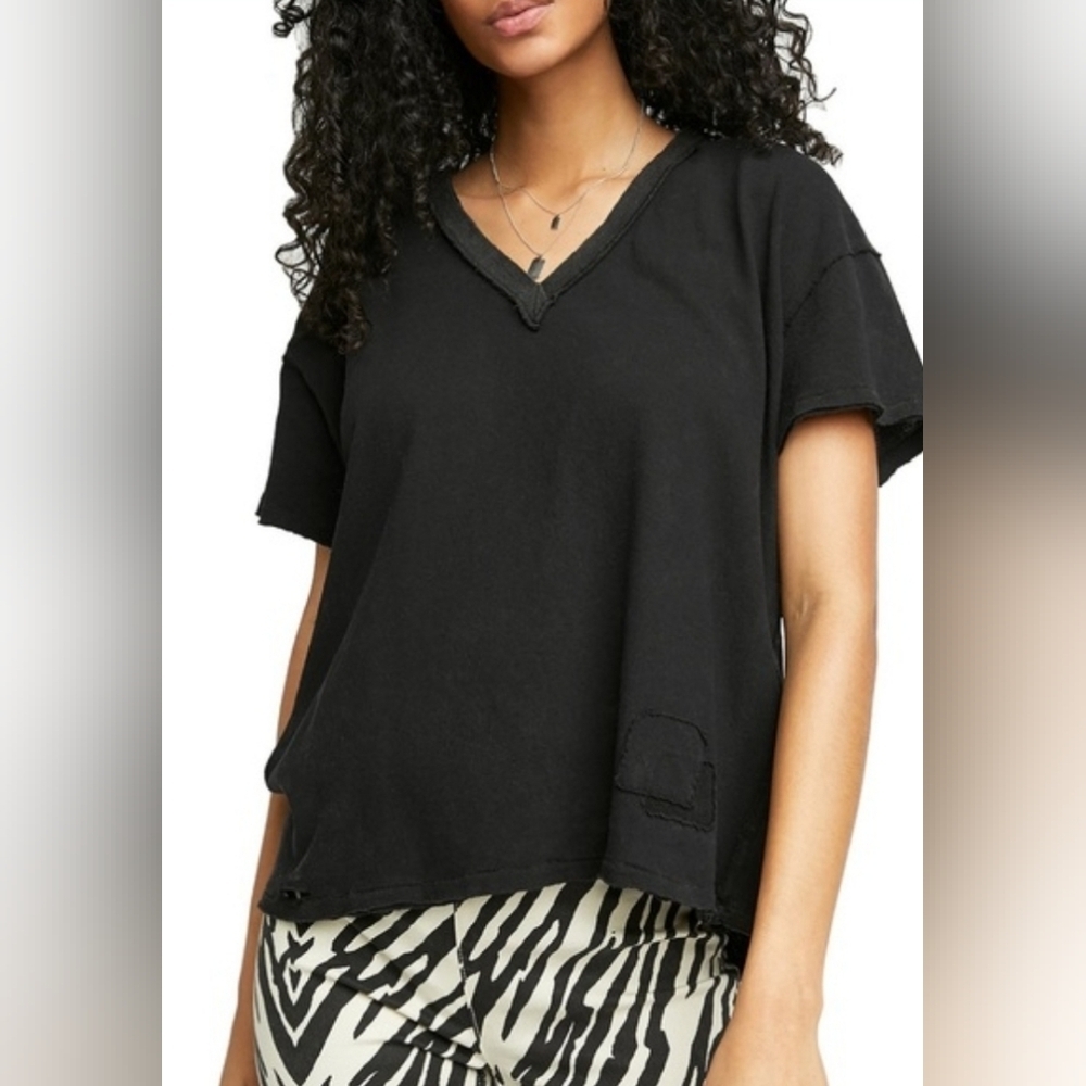 Free People Joni Oversized TShirt Size XS Black Short Sleeve Casual Cotton Y2K